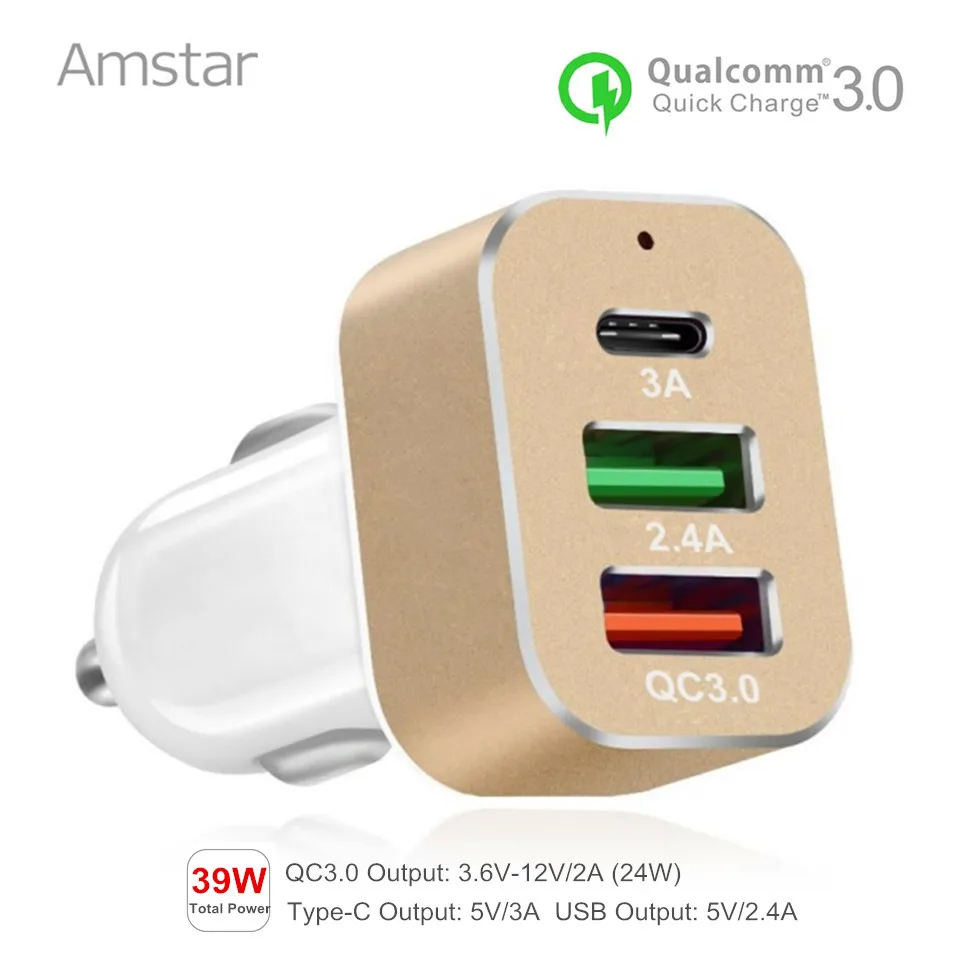 Amstar USB-C автомобильное зарядное устройство Quick Charge 3,0 type C USB Автомобильное зарядное устройство 39 Вт QC3.0 автомобильное зарядное устройство для мобильного телефона для iPhone Sumsang huawei