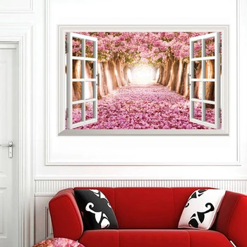 

False window landscape romance sakura wall sticker PVC Material 3D wall poster for Living room bedroom wall decoration murals