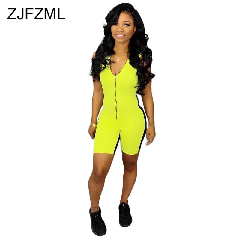 

Contrast Color Splice Skinny Playsuit Women Deep V Neck Sleeveless Bodycon Jumpsuit Summer Front Zipper One Piece Short Overall