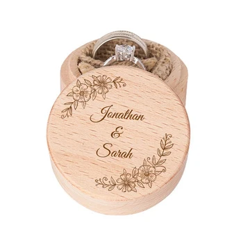 

Personalized Ring Box with Flower Wedding Engagement Proposal Ring Holder Bearer Wreath Box Wooden Name Round Custom Boxes