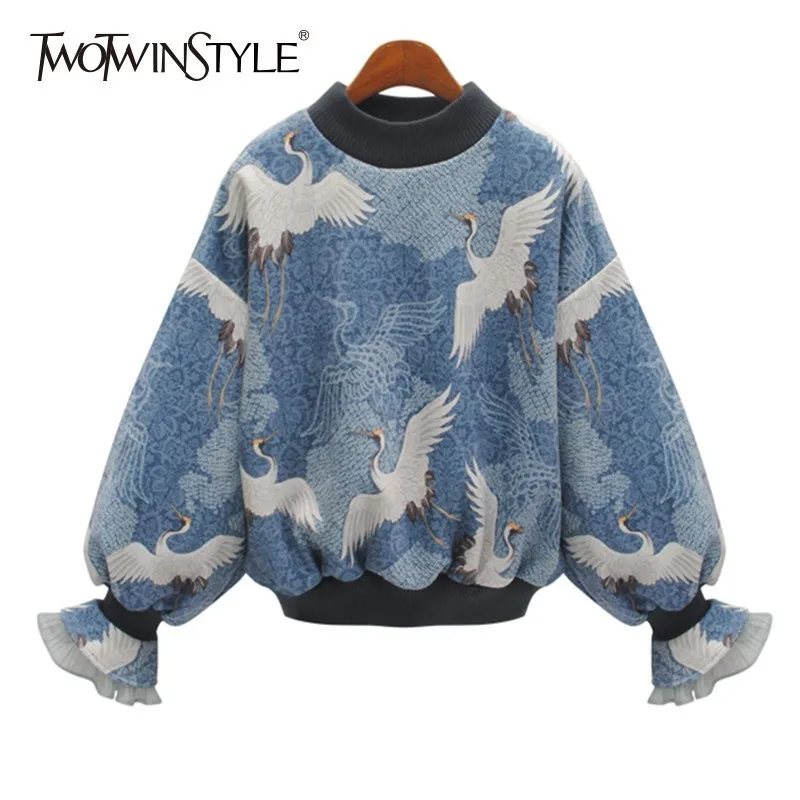 

TWOTWINSTYLE Patchwork Ruffle Print Animal Women's Sweatshirts Top Female Flare Sleeve Pullover Large Sizes 2019 Autumn Fashion