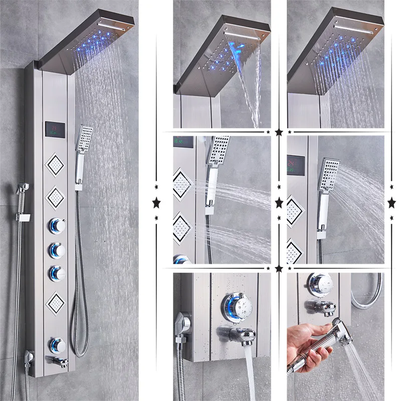 Роскошная душевая панель светодиодный светильник для ванной комнаты душевая колонка башня цифровой экран водопад Дождь душ смесители вращающийся массажные струи - Цвет: Brushed Nickle