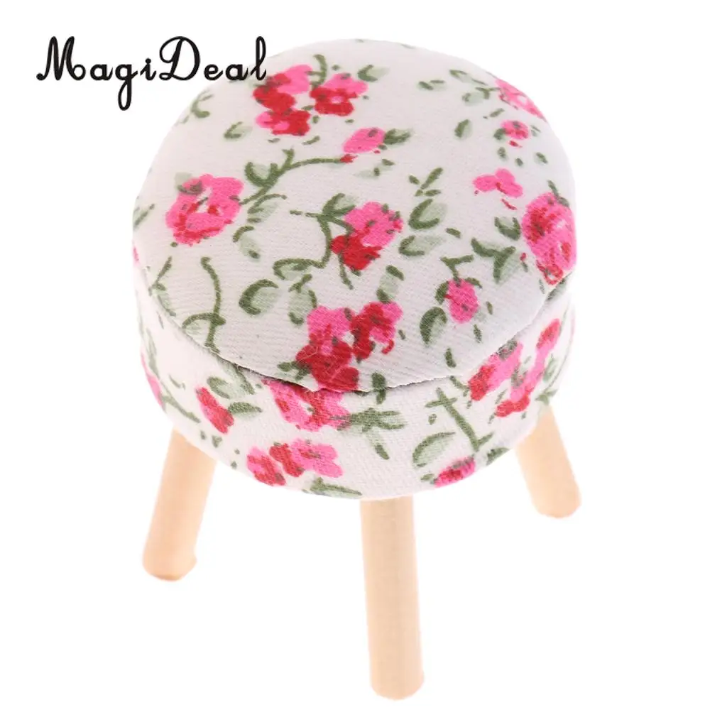 MagiDeal 1/12 Scale Dollhouse Miniature Furniture Round Floral Stool Chair for Dolls House Bedroom Decoration Children Toy