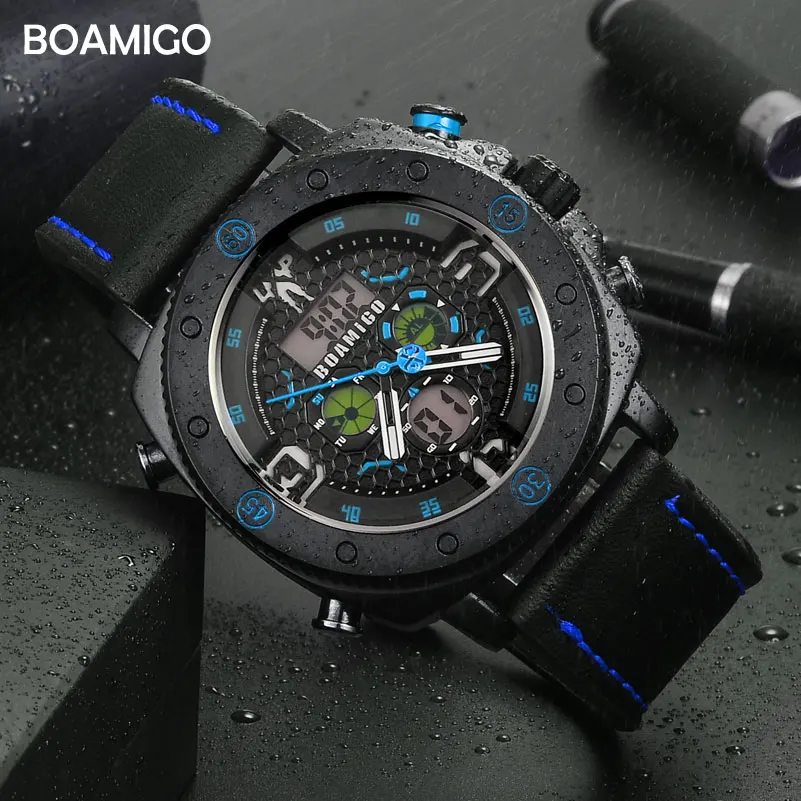 Relógios de Pulso à Prova Relógio de Couro Boamigo Marca Masculino Esportes Relógios Moda Quartzo Led Digital Dwaterproof Água Reloj Hombre Relógio