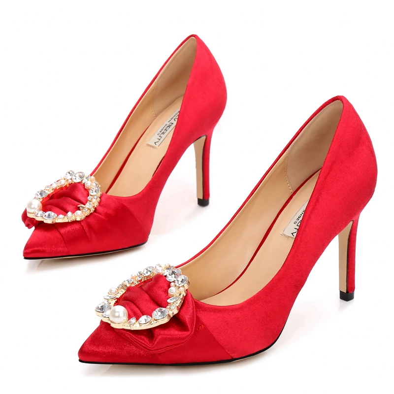 

Handmade Pumps Wedding Party Lady Solid Pointed Toe Autumn Elegant High Thin Heels Sexy Women Shoes Rhinestone Bow E0049