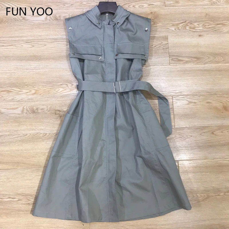 

2019 Summer Female Cotton Turn Down Collar Dress Sleeveless Safari Style Sashes Loose Knee Length Solid Dress