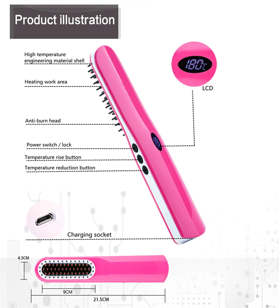 Мини Керамический выпрямитель для волос, ЖК-щетка, электрическая расческа, размер, Портативная USB зарядка, беспроводной выпрямитель для волос, щетка