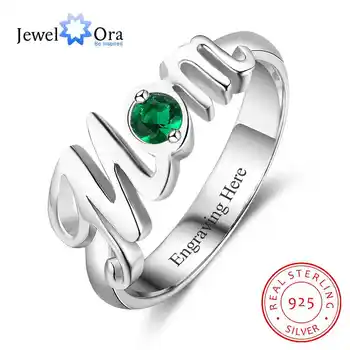

Word "Mom" Shape Personalized Gift For Mother Birthstone Rings For Women 925 Sterling Silver Jewelry (JewelOra RI103288)
