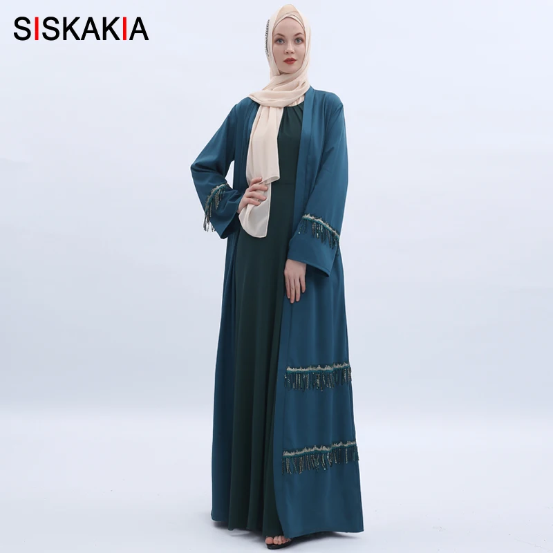 

Siskakia Fashion Tassel Sequins Patchwork Muslim Abaya Summer 2019 Turkish Dubai Elegant Cardigan Robes Dark Green Slim Sash