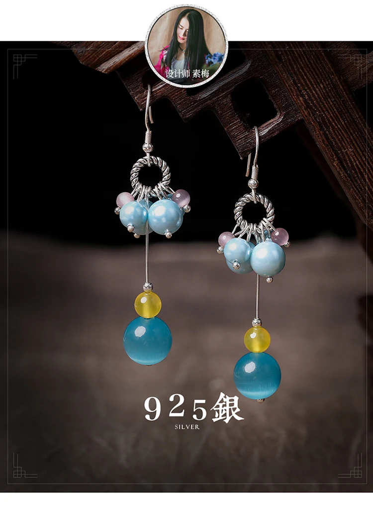 

temperament, long pendant, personality, tidal fringes, beet beads, earrings, women's Joker, 925 silver earrings.
