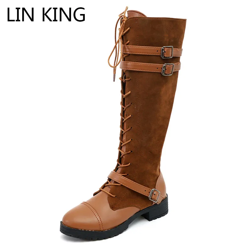 

LIN KING Plus Size Women Winter Boots Med Heel Zipper Long Boots Cross Tie Knight Botas Buckle Knee High Ladies Motorcycle Shoes