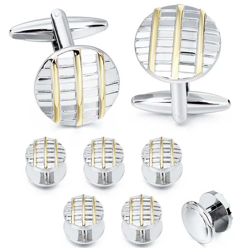 

HAWSON Round Golden Color Stripe Cufflinks and Studs Set Fashion & High Quality Classic Men White Cuff links for Tuxedo