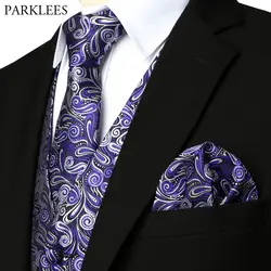 Фиолетовый Пейсли жаккарда с цветочным принтом из 3 предметов жилет + галстук + платок комплект 2019 Новый Slim Fit мужской смокинг жилет для