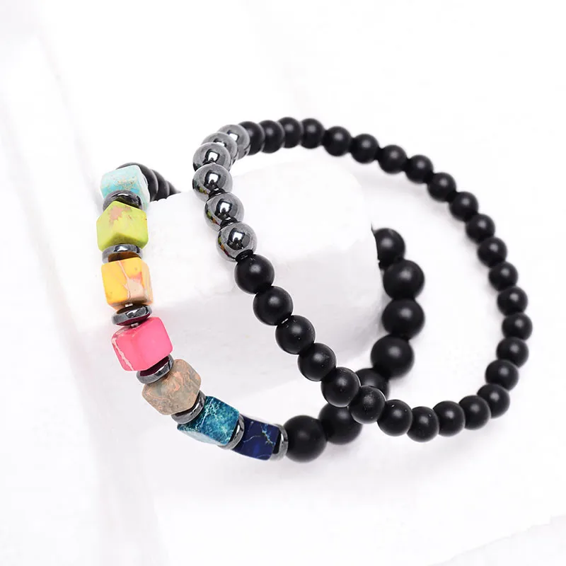 2 Pcs/set Natural Square Stone Couple Bracelet Set Vintage 7 Chakra Beaded Strand Bangle For Lover Yoga Buddha Jewelry Gift - Image 3
