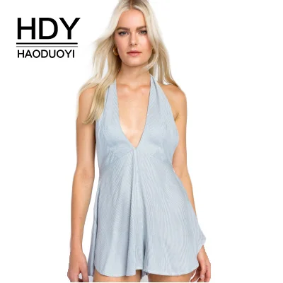 

HDY Haoduoyi Brand 2019 Women Chambray Stripe Roxbury Romper Lace Up Back Deep V-Neck Sleeveless Female Sexy Playsuits Lady
