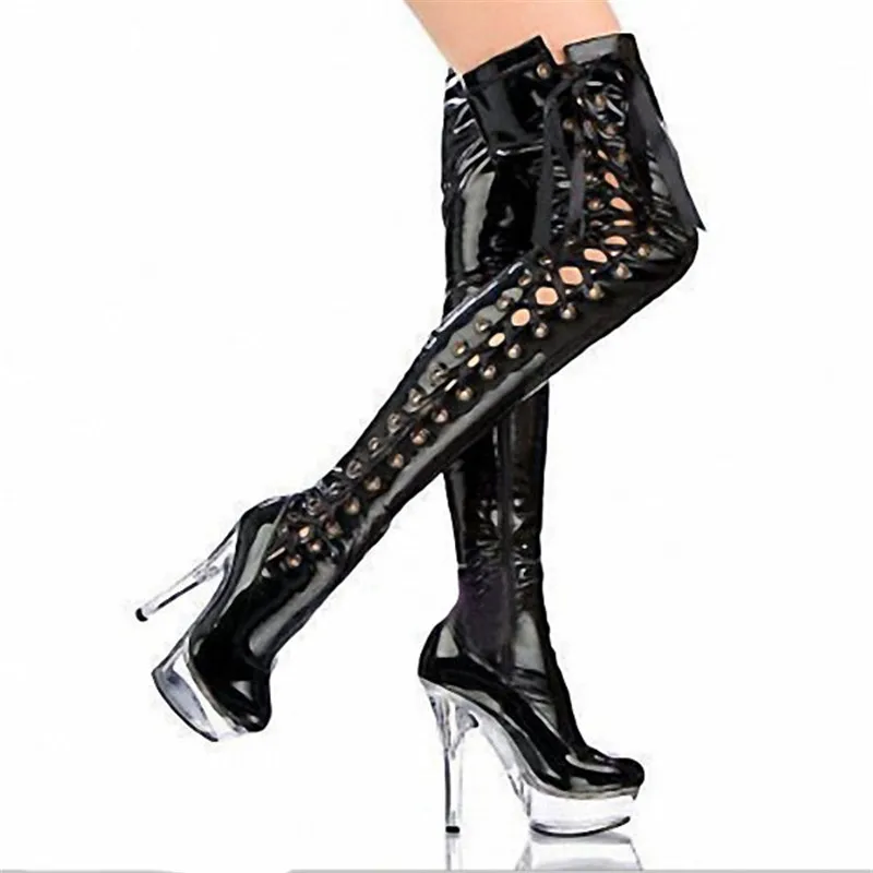 15cm high-heeled shoes crystal cutout boots lacing over-the-knee platform boots Thigh High Boots for Women 6 inch ladies' boots