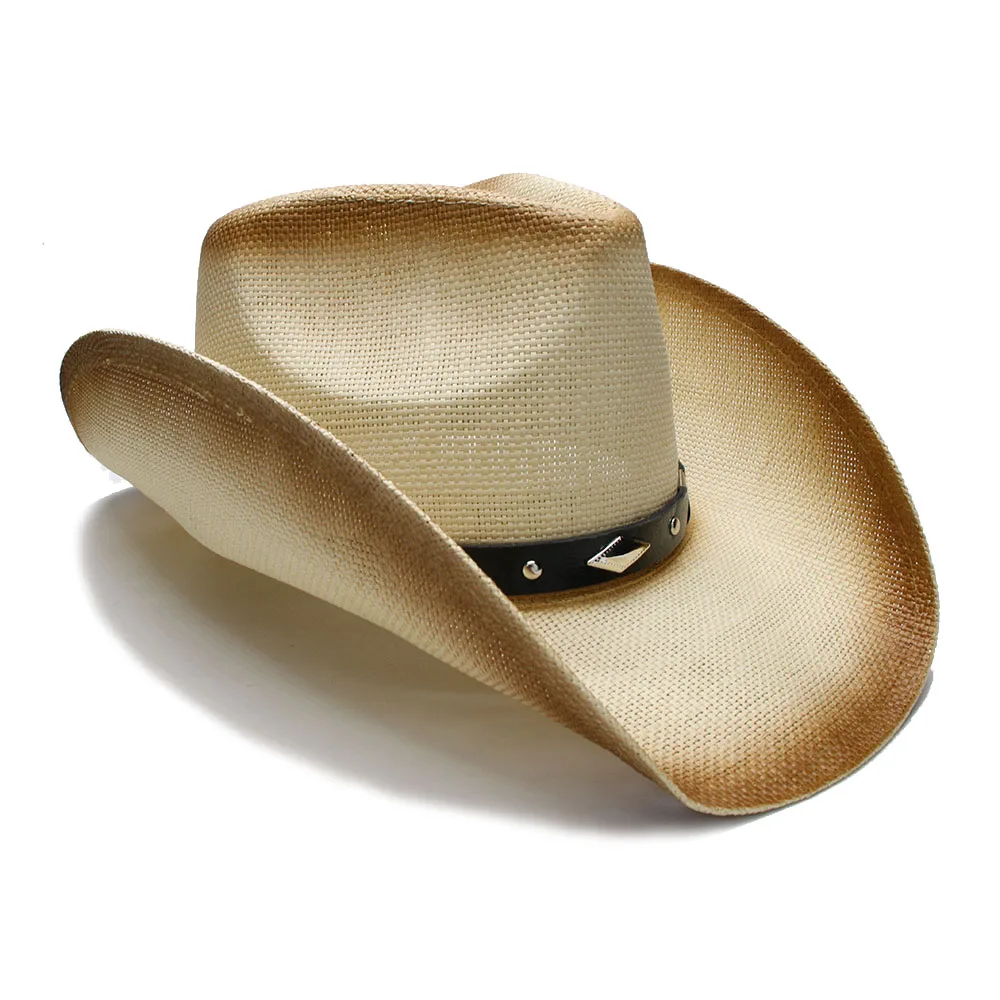 Ретро Стиль Для женщин Для мужчин летние соломенные пляжные шляпы с широкими полями ковбойская шляпа Западной пастушка Diamond Форма кожаный ремешок Fedora 58 см