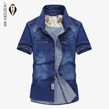 Ковбойские повседневные хлопковые рубашки с карманами, мужские весенние Рубашки с коротким рукавом, летние модные спортивные синие джинсовые рубашки с несколькими карманами