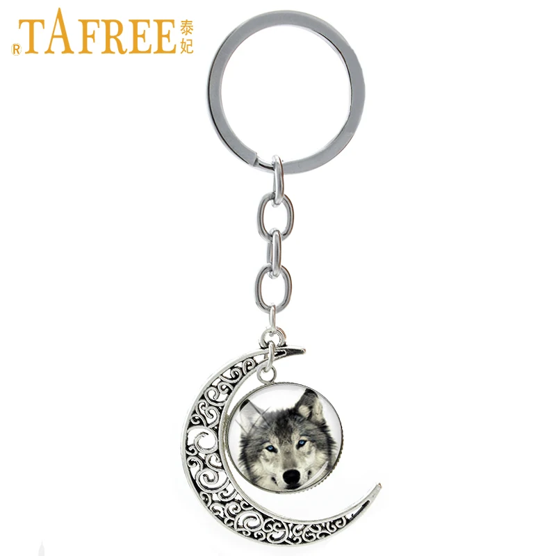 

TAFREE Vintage Arct Wolf keychain cool blue eyes wolf wild animals moon pendant key chain geek wolves jewelry keyring gift T655