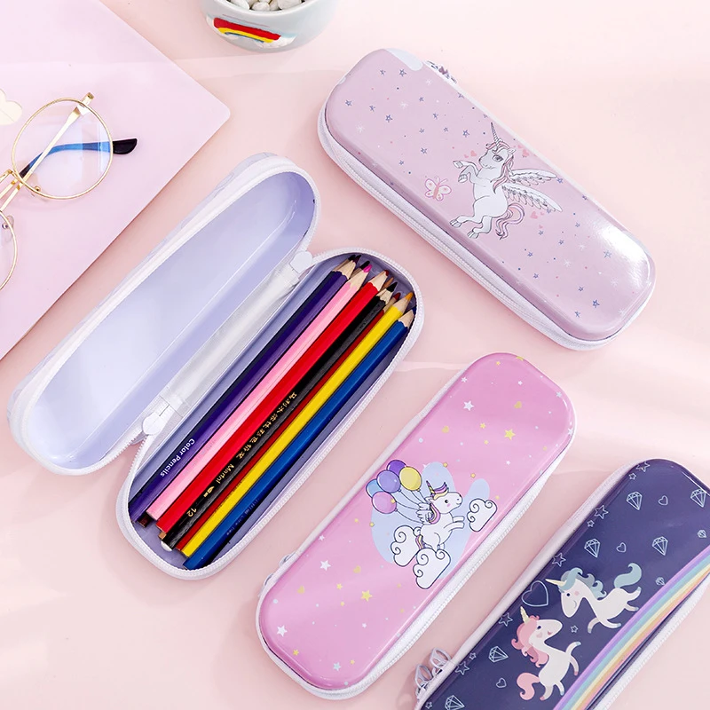 

1pc Color Random 7*18.5cm Single Layer Cartoon Unicorn Zipper Metal Plastic Pencil Case Pen Box Stationary Storage School Supply