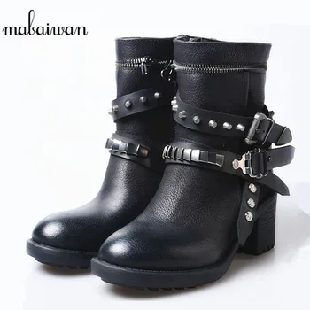 

Mabaiwan Women Casual Genuine Leather Thick High Heel Shoes Winter Rivet Short Riding Ankle Boots Women Buckle Comfortable Pumps