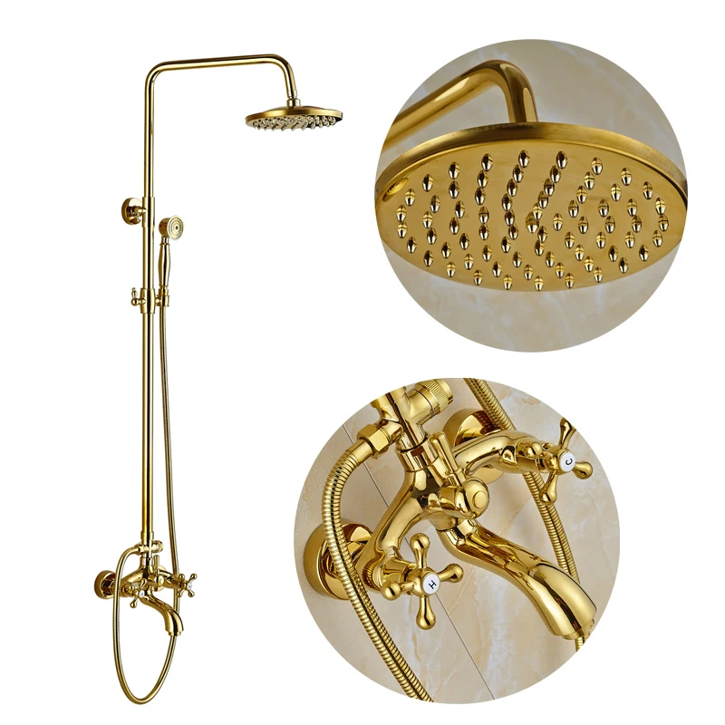 

Golden Finish Bathroom Shower Faucet Double Handle Mixer Tap with Hand Shower Tub Mixer Tap