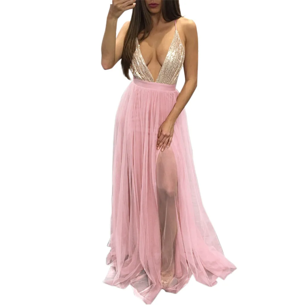

JAYCOSIN 2019 Summer Women Dress Sexy Deep V-Neck Sleeveless Shiney Sequined Mesh Party Backless vestido longo de festa 903149