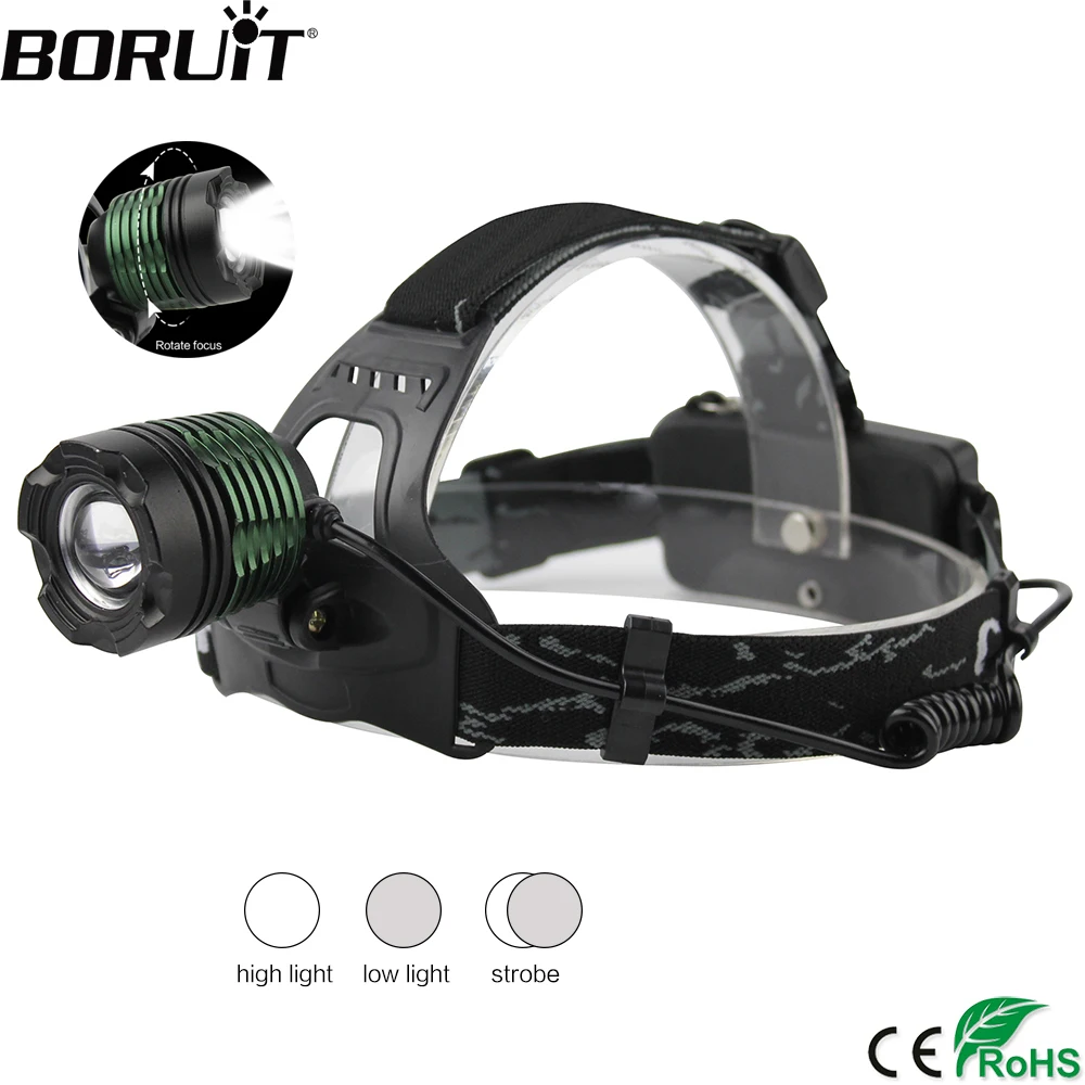 

BORUiT K12 1000LM XML T6 LED Headlight 3-Mode Zoomable Headlamp DC Charger Head Torch Camping Flashlight by 18650 Battery