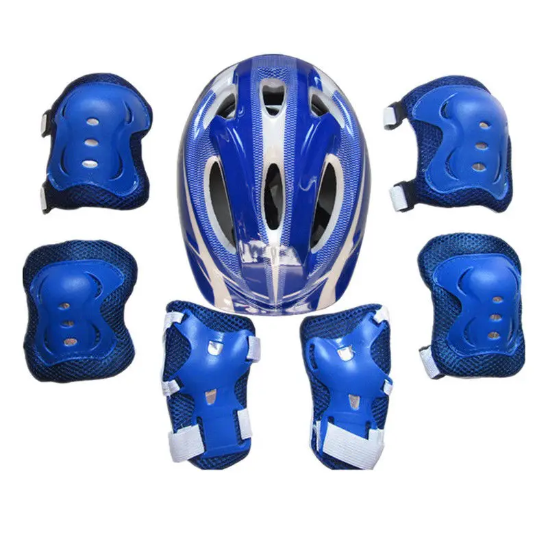 Новая детская Защитная шапка для мальчиков и девочек, шлем, наколенники и налокотники, набор для велоспорта, скейта, велосипеда, защитный - Цвет: Синий