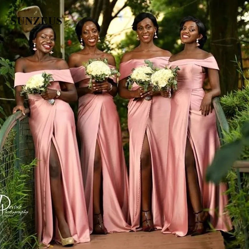 Простое Элегантное Длинное атласное платье подружки невесты ТРАПЕЦИЕВИДНОЕ розовое свадебное Выходное платье с разрезом сбоку