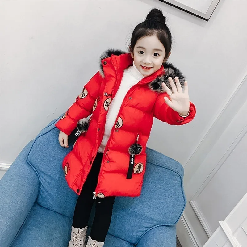 

INS hot girls winter coat 2-7 years old Printed letter hooded Fake fur collar Thick cotton coat 2 colors Long warm windbreaker