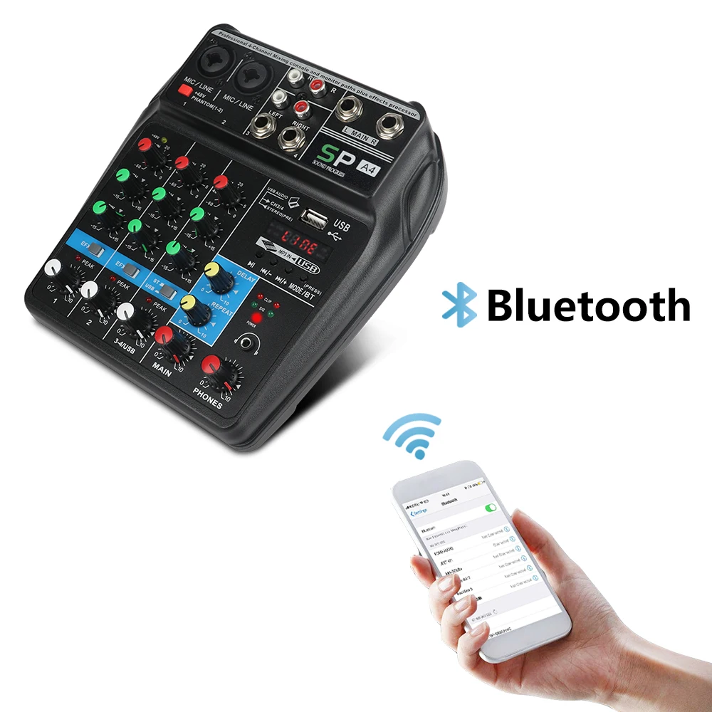 A4 4 канала аудио микшер звук микшерный пульт с Bluetooth USB Запись 48 В Phantom power Monitor Пути Плюс эффекты использования