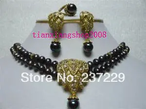 

Wholesale price FREE SHIPPING aNoble black pearl bridal necklace earrings rings set