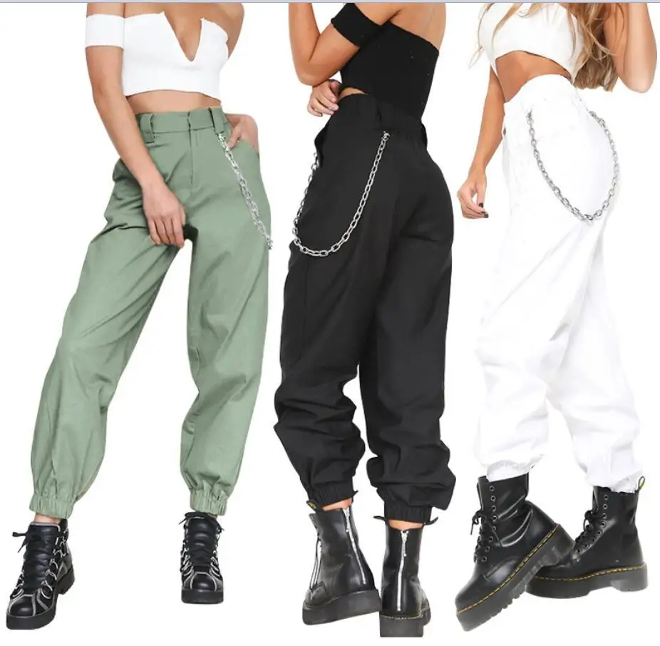 

Women's Individual Solid Color Sports Leisure Pants High Waist Hallen Trousers Fashion Chain Decoration Cool Girl Jogger Pants