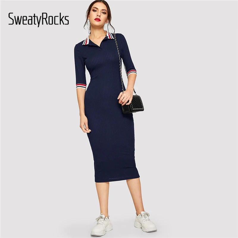 

SweatyRocks Ribbed Knit Striped Collar Dress Streetwear Half Sleeve Women Elegant Clothes 2019 Spring Bodycon Navy Long Dress