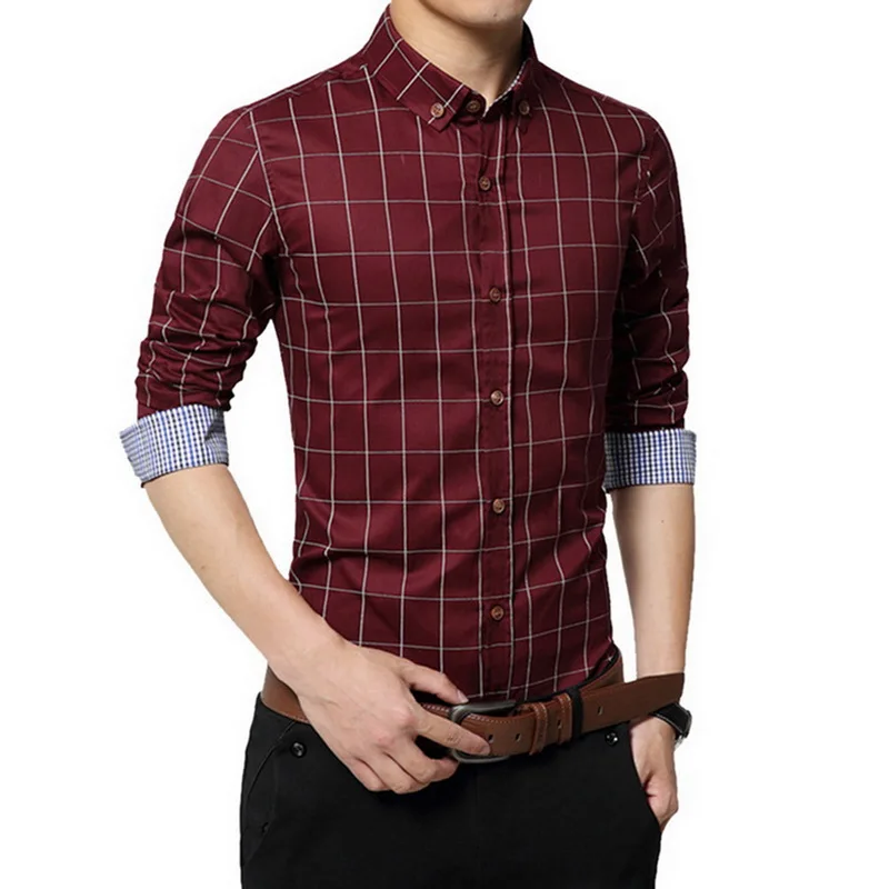 SHUJIN 5XL Клетчатая Мужская рубашка с длинным рукавом, мужская рубашка с отложным воротником, мужская деловая рубашка, рубашки в стиле пэчворк camisa masculina
