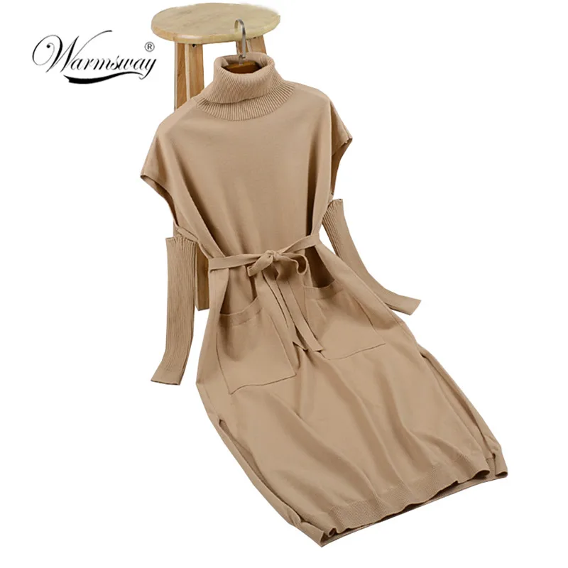 

Thick Turtleneck Long Women Sweater Autumn Winter Warm Pullover Sweater Femme Mid-Calf Knitwear Jumper with belt C-329