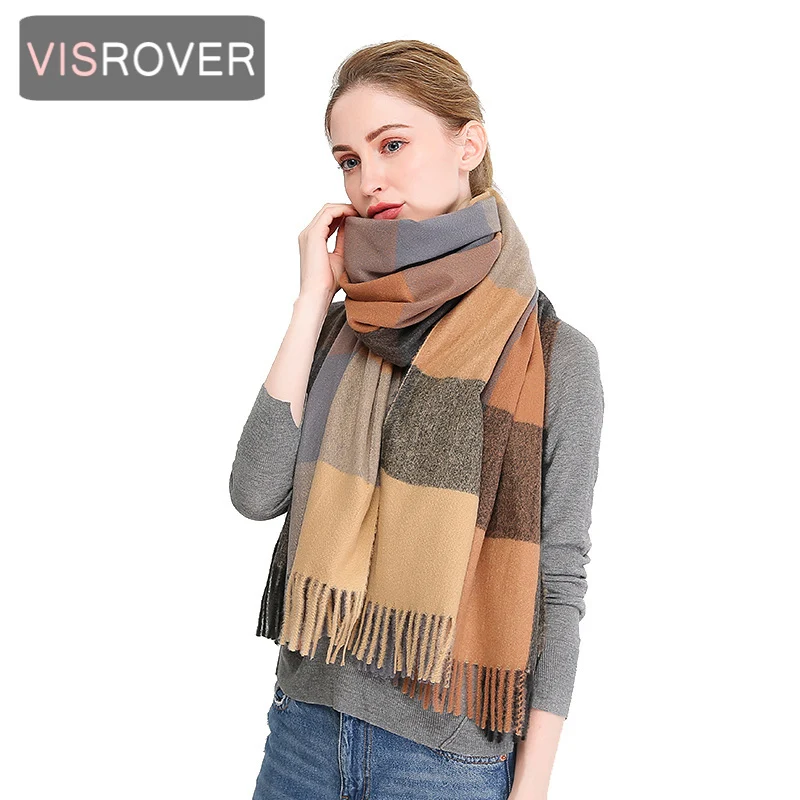Visrover классический плед Зимний дизайнерский шарф для женщин роскошный бренд шлейф пончо Шерсть Кашемир шарфы теплая накидка большого размера