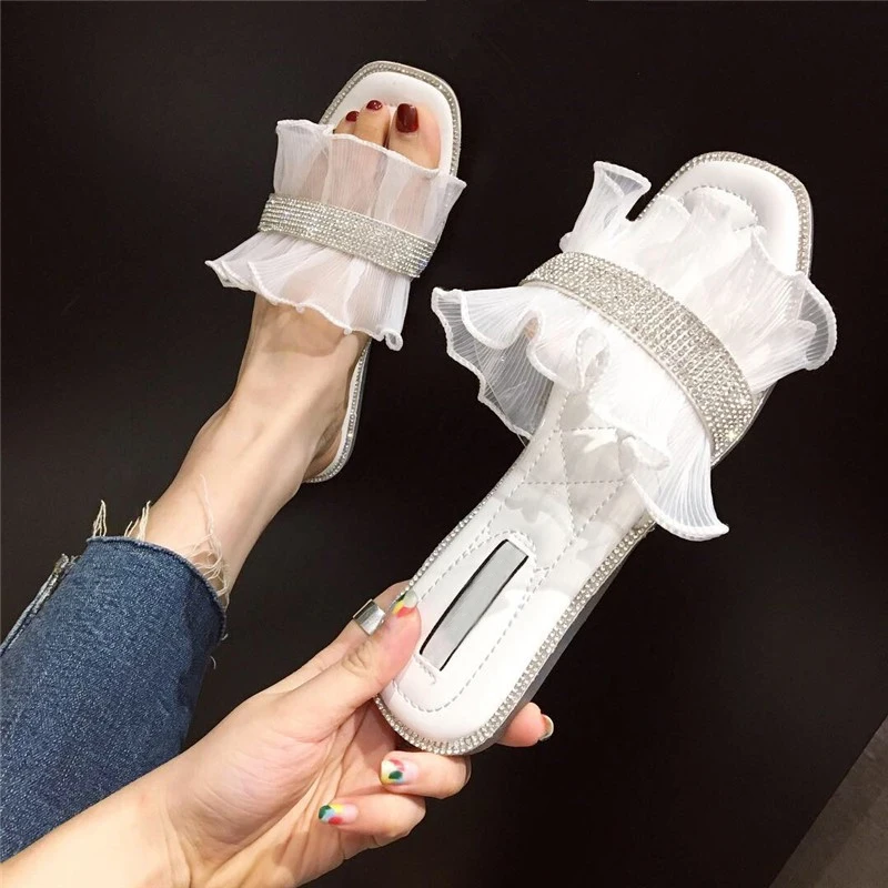 

Rimocy summer beach white ruffles crystal slides women fashion flat heels shining rhinestones sandals woman casual slippers 2019