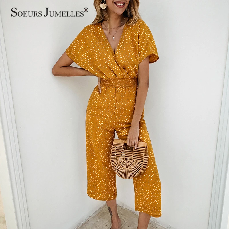 

2019 Fashion Rompers Women Elegant V Neck Short Sleeve Slim Waist Rompers Beach Party Summer Polka Dot Jumpsuit