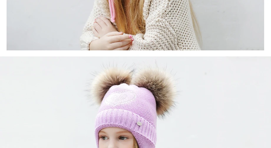 Lovely Girls Beanies Pink Heart-Shaped Rhinestones Knitted Hat With Fur Pom Pom Winter Warm And Thicken Skullies Children Cap (13)