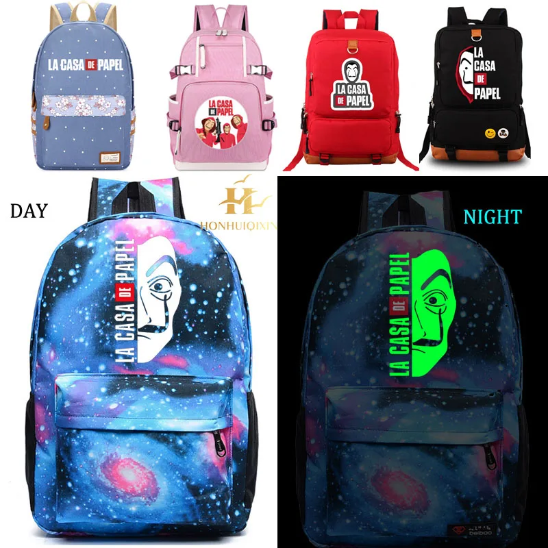 

La Casa de Papel school bag noctilucous backpack student school bag Notebook backpack Daily backpack