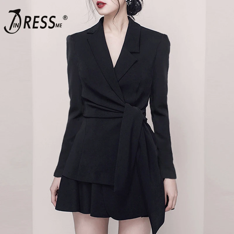 

INDRESSME 2019 New Women Fashion OL Style 2 Piece Sets Suits Deep V Long Sleeve Slim Lace Up Blazer Short Skirt Office Lady