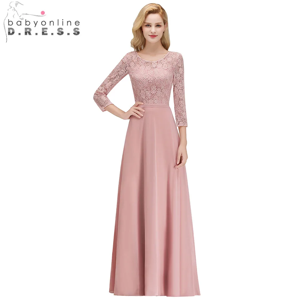 2019 Three Quarter Sleeve Pink Lace Bridesmaids Dresses O Neck Pleat