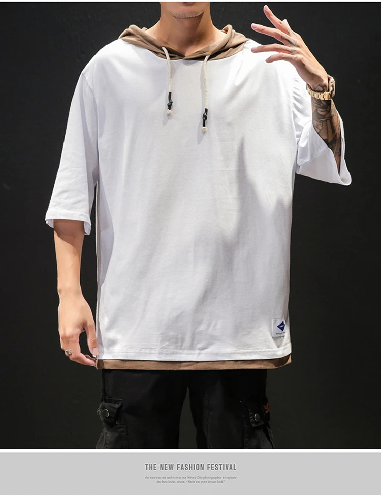 Хлопковая мужская футболка с коротким рукавом, большой размер, одноцветная летняя футболка с капюшоном, Мужская облегающая Повседневная Удобная уличная футболка