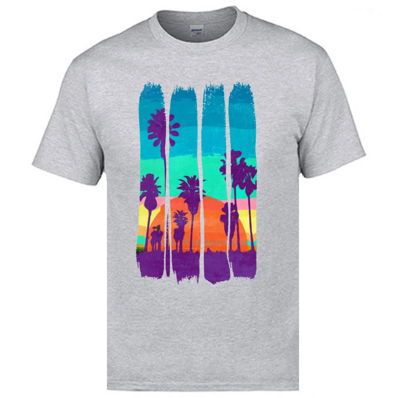 FunnyNormal Short Sleeve Tops Shirt Autumn Latest O Neck Pure Cotton T Shirt Man T-Shirt Normal  Wholesale Vintage Brush Strokes Miami Beach Summer Sunset grey