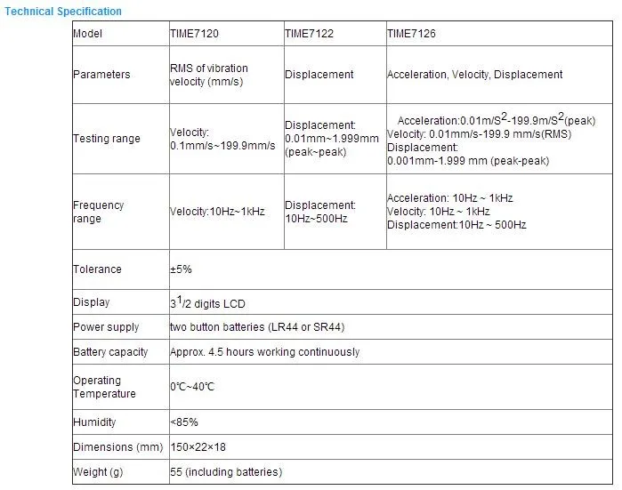 Виброметр TIME7126 ускорение: 10 Гц~ 1 кГц скорость: 10 Гц~ 1 кГц смещение: 10 Гц~ 500 Гц