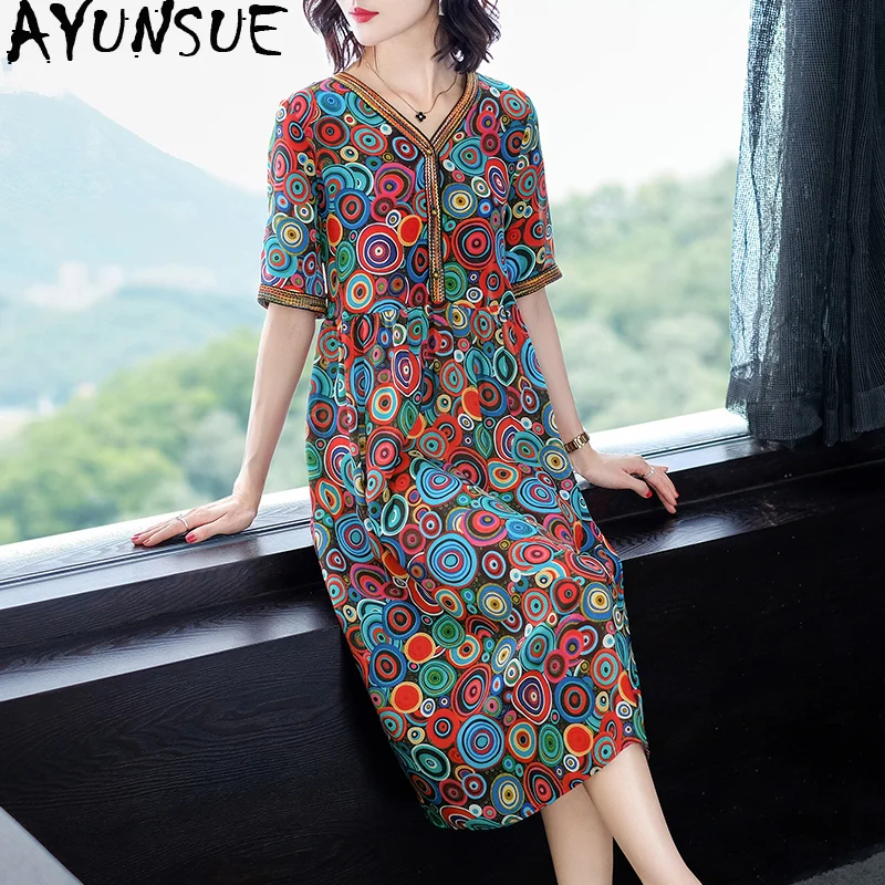 

AYUSNUE 2019 Summer Silk Dress Women Casual Beach Floral Dress Elegant Midi Ladies Dresses Plus Size Boho Vestido Verano KJ1881