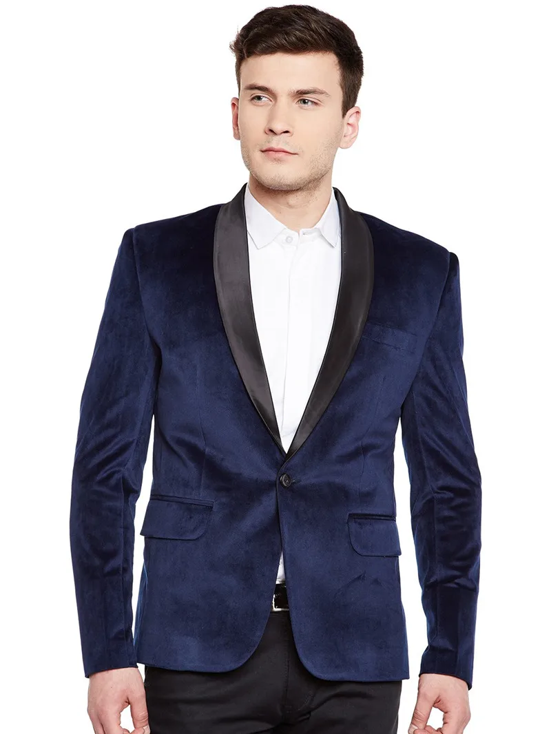 Темно-синие бархатные мужские топы, блейзер для свадьбы, выпускного, сцены, Черная шаль с отворотом, приталенный мужской пиджак, новая мода FOVIVA 172204 - Цвет: Navy