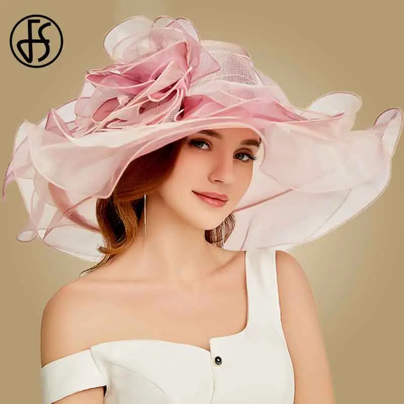 FS Pink Kentucky Derby Hat For Women Organza Sun Hats Flowers Elegant Large Wide Brim Ladies Wedding Church Fedoras 1
